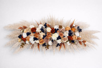 Orange Navy Blue Arch Flowers, Terracotta Dark Blue Wedding Arbor Arrangement, Boho Fall Floral Swag, Ceremony Backdrop Pampas Grass Reddit