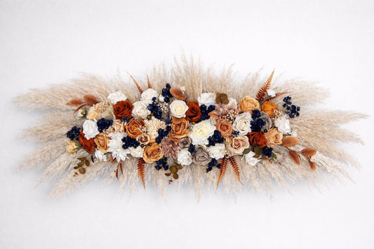 Orange Navy Blue Arch Flowers, Terracotta Dark Blue Wedding Arbor Arrangement, Boho Fall Floral Swag, Ceremony Backdrop Pampas Grass Reddit