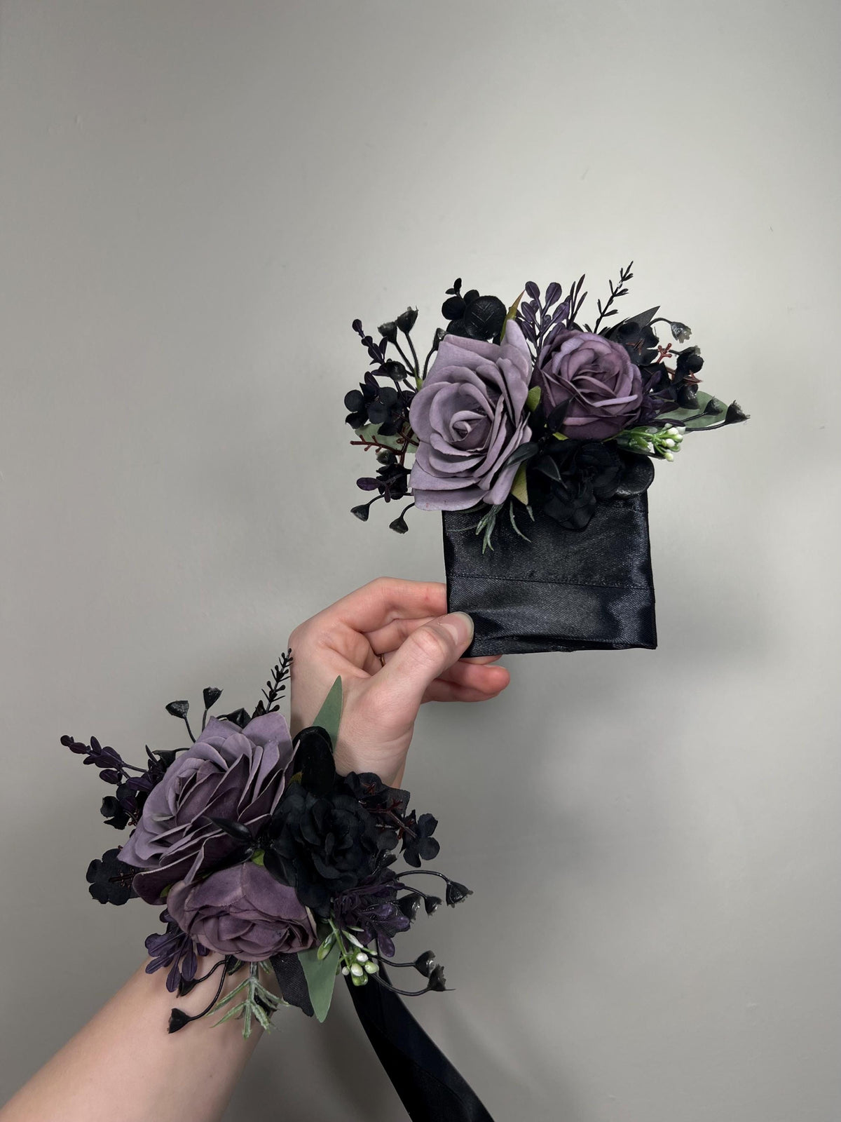 Black Purple Corsage Wedding Gothic Wrist Corsage Bridesmaids Black Plum Corsage Mom Plum Black Dark Purple Corsage Prom Artificial Flower