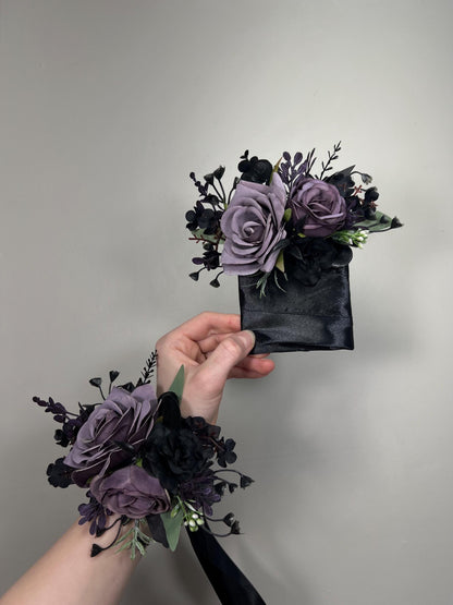 Black Purple Corsage Wedding Gothic Wrist Corsage Bridesmaids Black Plum Corsage Mom Plum Black Dark Purple Corsage Prom Artificial Flower