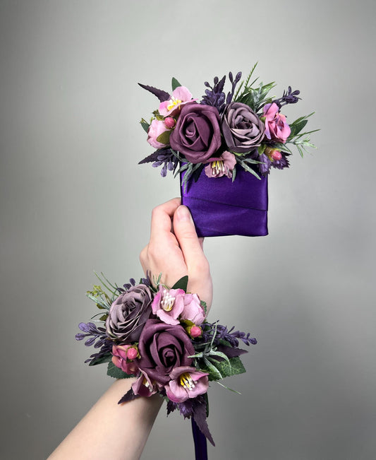 Dusty Purple Corsage, Wedding Mauve Wrist Corsage Bridesmaids, Plum Wristlet Prom Corsage Floral