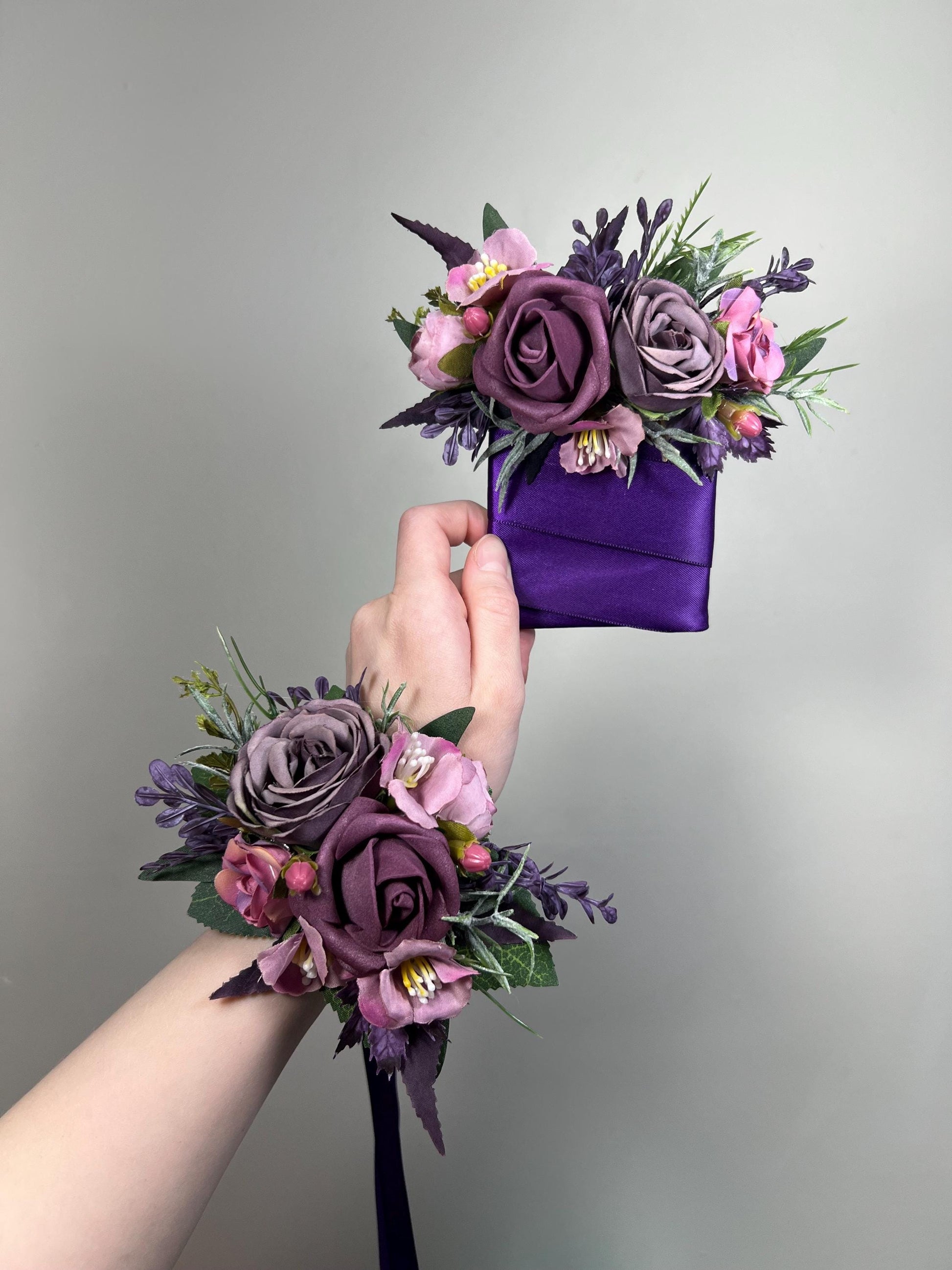 Dusty Purple Corsage, Wedding Mauve Wrist Corsage Bridesmaids, Plum Wristlet Prom Corsage Floral