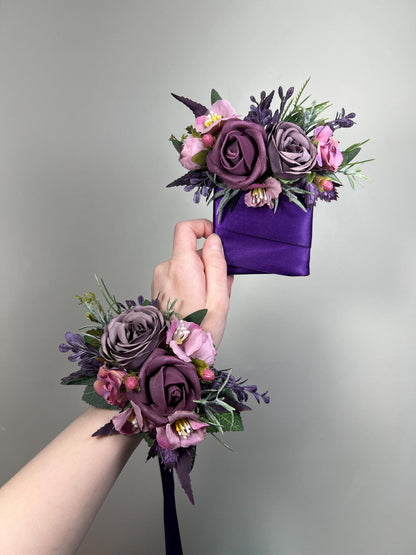 Dusty Purple Corsage, Wedding Mauve Wrist Corsage Bridesmaids, Plum Wristlet Prom Corsage Floral