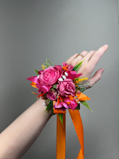 Hot Pink Corsage, Wedding Orange Wrist Corsage Bridesmaids, Fuchsia Wristlet Prom Corsage Floral