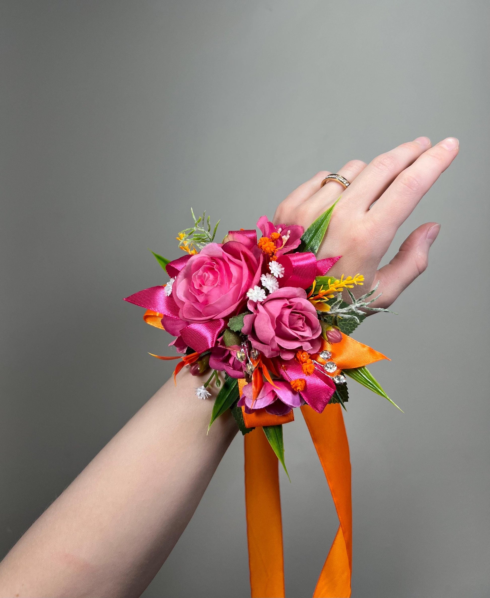 Hot Pink Corsage, Wedding Orange Wrist Corsage Bridesmaids, Fuchsia Wristlet Prom Corsage Floral