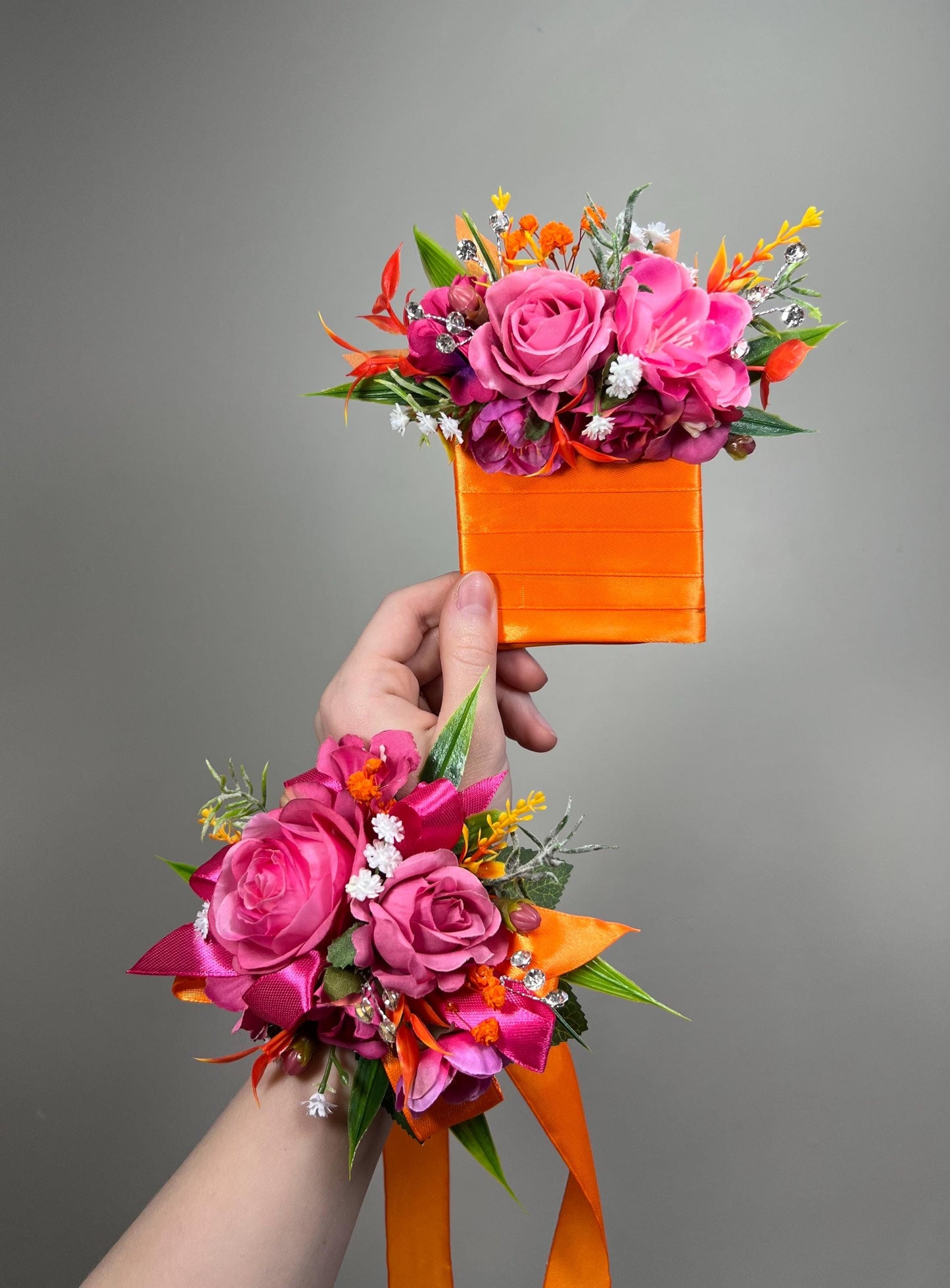 Hot Pink Corsage, Wedding Orange Wrist Corsage Bridesmaids, Fuchsia Wristlet Prom Corsage Floral
