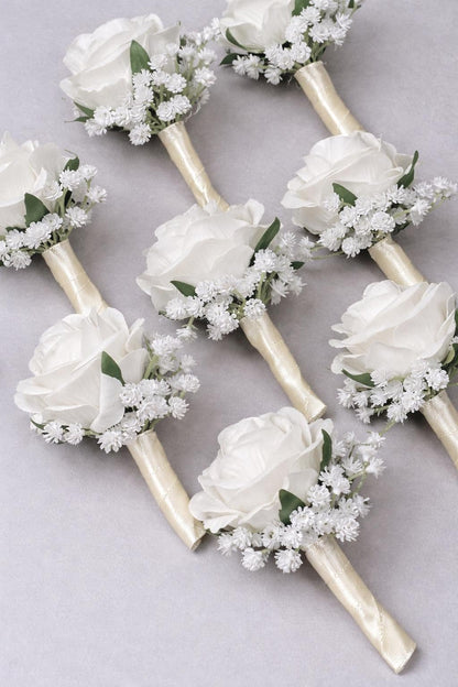 White Wedding Corsage Ivory Classic Wrist Pin-on Bridesmaids Prom Décor Mom Accessories Artificial Flower Baby's Breath DUP