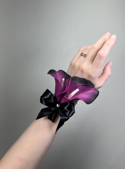 Deep Purple Calla Lily Corsage, Wedding Black Plum Wrist Corsage, Bridesmaids Dark Purple Wristlet, Prom Moody Corsage Reddit