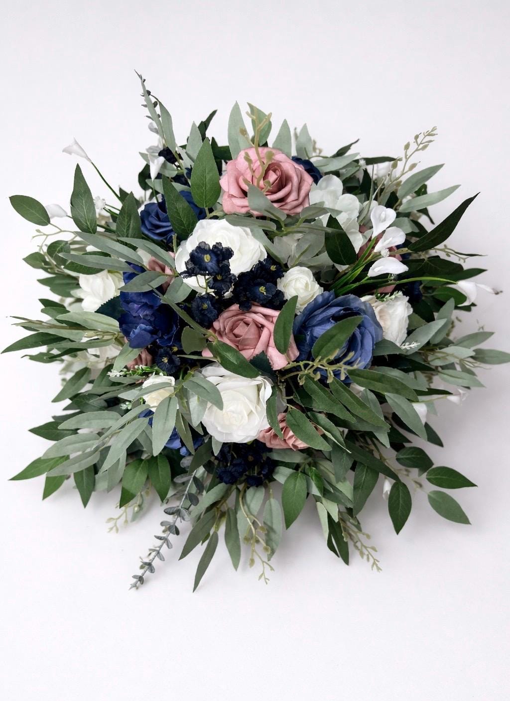 Dusty Rose Navy Blue Centerpiece, Wedding Rustic Flower Ball, Blush White Dark Blue Table Centerpiece, Whiskey Barrel Flower Ball