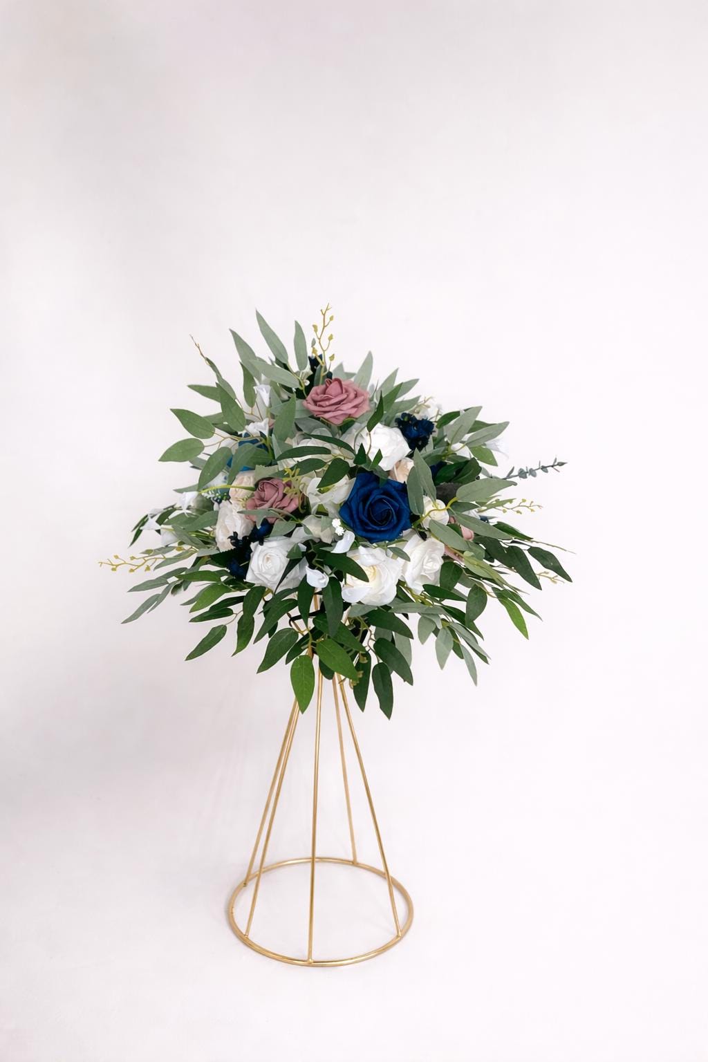Dusty Rose Navy Blue Centerpiece, Wedding Rustic Flower Ball, Blush White Dark Blue Table Centerpiece, Whiskey Barrel Flower Ball