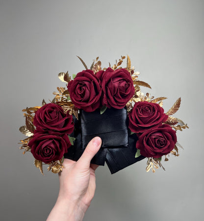 Burgundy Pocket Boutonniere Wedding Burgundy Gold Boutonniere Burgundy Groom Square Boutonnière Groomsmen Burgundy Gold Artificial Flower
