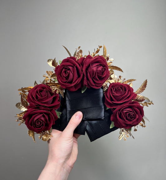 Burgundy Pocket Boutonniere Wedding Burgundy Gold Boutonniere Burgundy Groom Square Boutonnière Groomsmen Burgundy Gold Artificial Flower