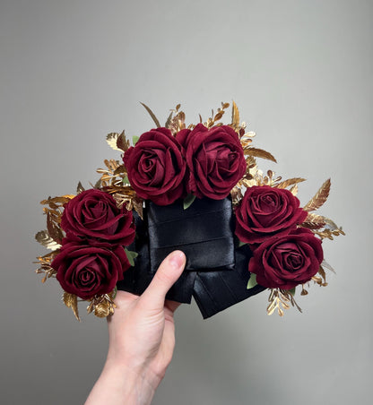 Burgundy Pocket Boutonniere Wedding Burgundy Gold Boutonniere Burgundy Groom Square Boutonnière Groomsmen Burgundy Gold Artificial Flower