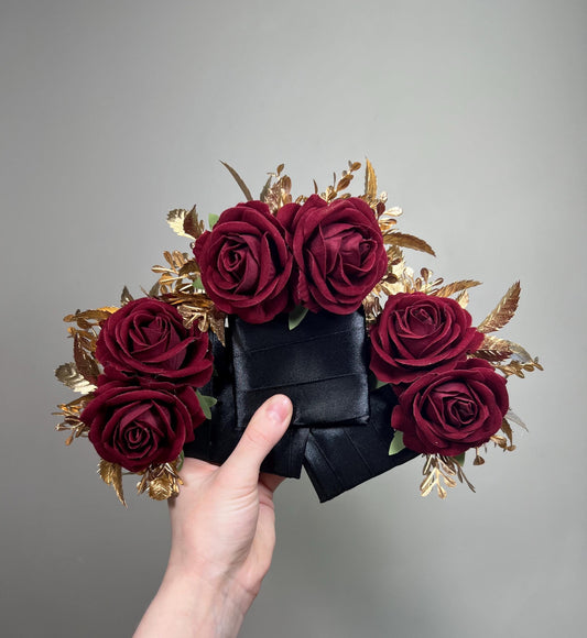 Burgundy Pocket Boutonniere Wedding Burgundy Gold Boutonniere Burgundy Groom Square Boutonnière Groomsmen Burgundy Gold Artificial Flower