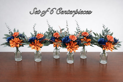 Orange Blue Wedding Centerpiece, Mini Bouquets for Bud Vase, Fall Terracotta Navy Blue Table Decor, Small Centerpiece Rustic Reddit