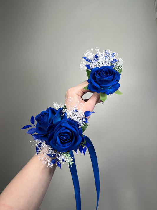 Royal Blue Corsage, Wedding Blue Wrist Corsage, Prom Royal Blue Corsage, Bridesmaids Wristlet Baby Breath