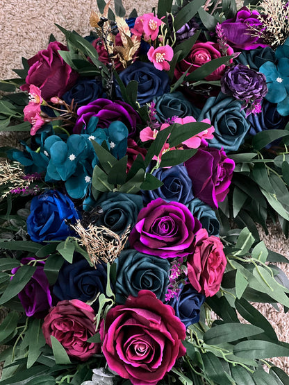 Jewel Tone Wedding Arch Flowers Arrangement, Purple Magenta Navy Blue Dark Teal Floral Swag for Ceremony Arbor Corner, Backdrop, Table Decor