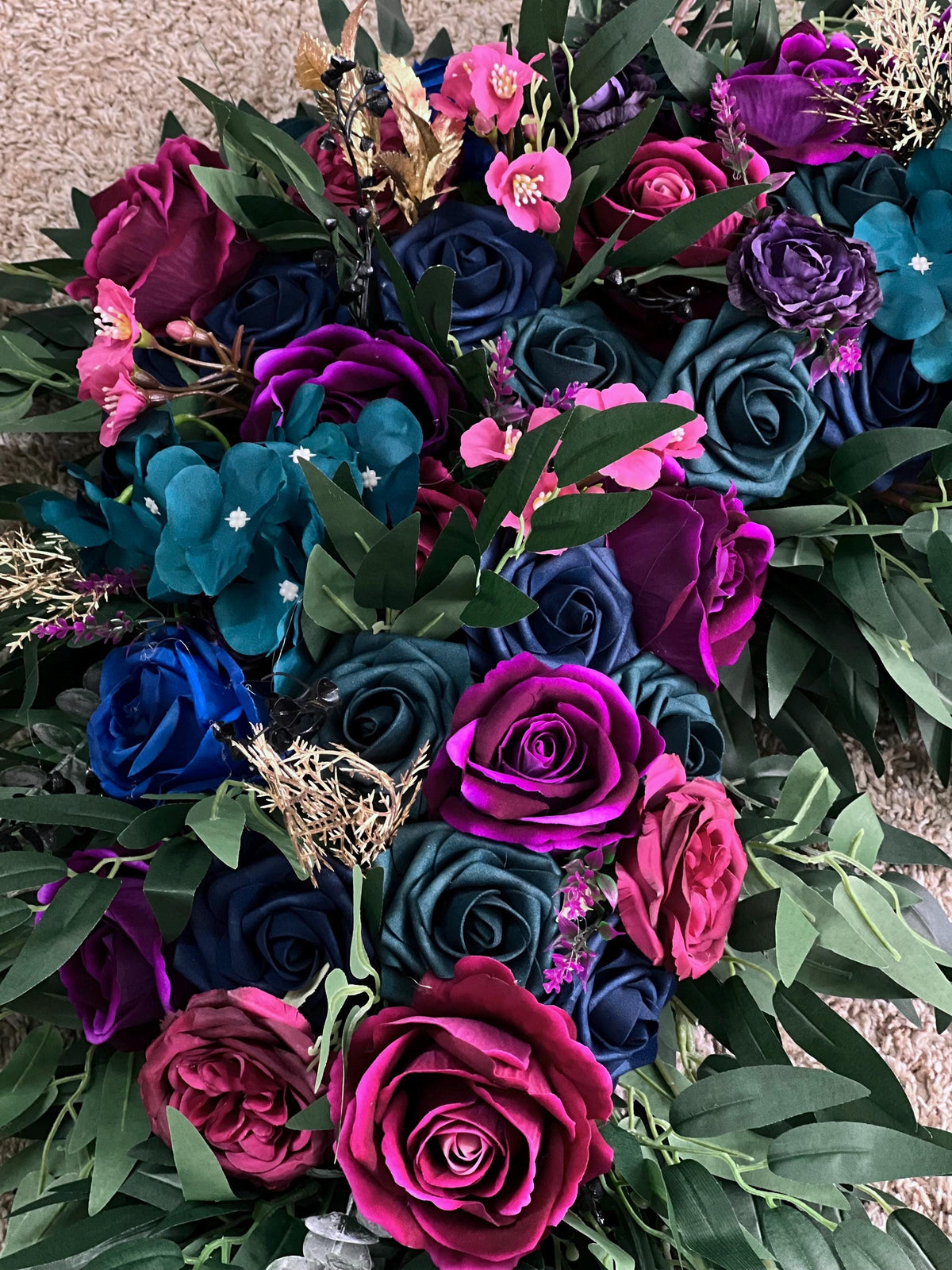 Jewel Tone Wedding Arch Flowers Arrangement, Purple Magenta Navy Blue Dark Teal Floral Swag for Ceremony Arbor Corner, Backdrop, Table Decor
