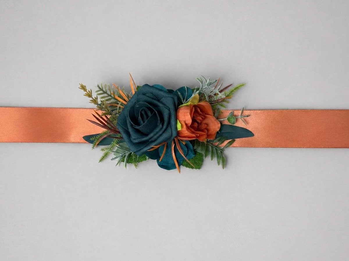 Flower Belt Orange Teal, Flower Girl Sash Terracotta Teal Blue, Wedding Rustic Burnt Orange Artificial Flower, Bridesmaids Sash Bridal Dress