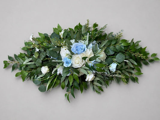 White Blue Arch Arrangement, Wedding Rustic Baby Blue Light Arbor Arrangements, Ivory Sage Green Eucalyptus Backdrop Decor Flowers Reddit