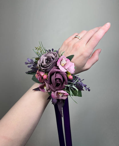 Dusty Purple Corsage, Wedding Mauve Wrist Corsage Bridesmaids, Plum Wristlet Prom Corsage Floral