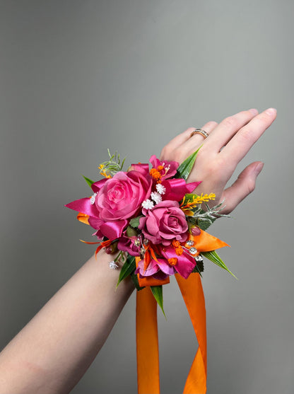 Hot Pink Corsage, Wedding Orange Wrist Corsage Bridesmaids, Fuchsia Wristlet Prom Corsage Floral