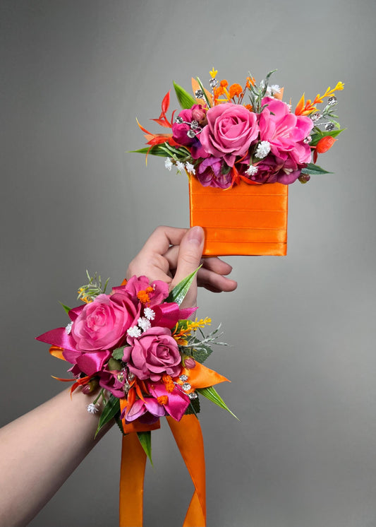 Hot Pink Pocket Boutonnière, Wedding Bright Orange Groom Square Boutonnière, Fuchsia Groomsmen Prom Boutonnière