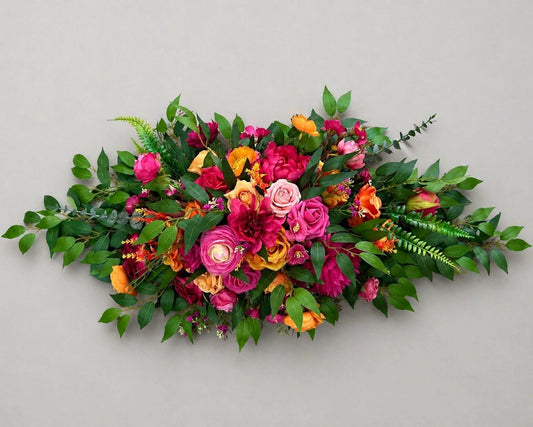 Pink Orange Arch Arrangement, Wedding Hot Pink Bright Orange, Tropical Swag Arbor Arrangement, Fuchsia Floral Backdrop, Ceremony Flowers
