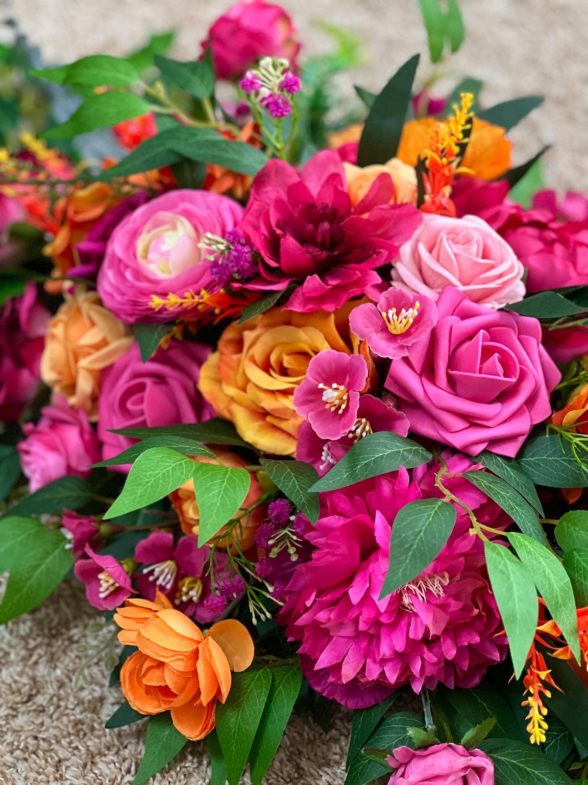 Pink Orange Arch Arrangement, Wedding Hot Pink Bright Orange, Tropical Swag Arbor Arrangement, Fuchsia Floral Backdrop, Ceremony Flowers