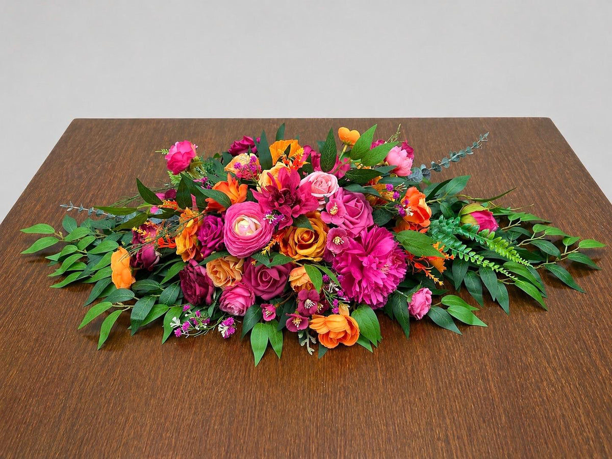 Pink Orange Centerpiece, Wedding Hot Pink Bright Orange, Tropical Table Decor Arrangement, Fuchsia Orange Sweetheart Greenery Reddit