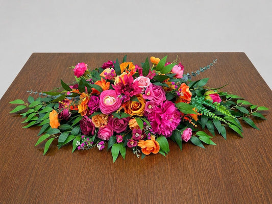 Pink Orange Centerpiece, Wedding Hot Pink Bright Orange, Tropical Table Decor Arrangement, Fuchsia Orange Sweetheart Greenery