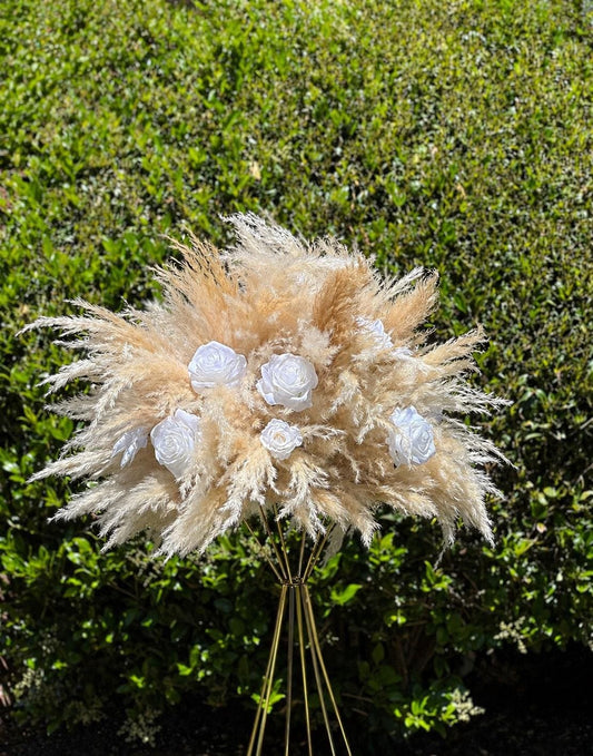 Boho Pampas Grass Centerpiece, White Ivory Roses Wedding Flower Ball, Neutral Beige Table Decor, Ceremony Stand Arrangement, Barrel Decor