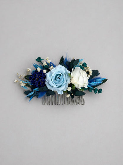Blue White Hair Comb, Wedding Dusty Blue Hair Piece Bridal, Light Blue Rose Hair Accessories, Bridesmaids Decorative Comb Artificial Flowers