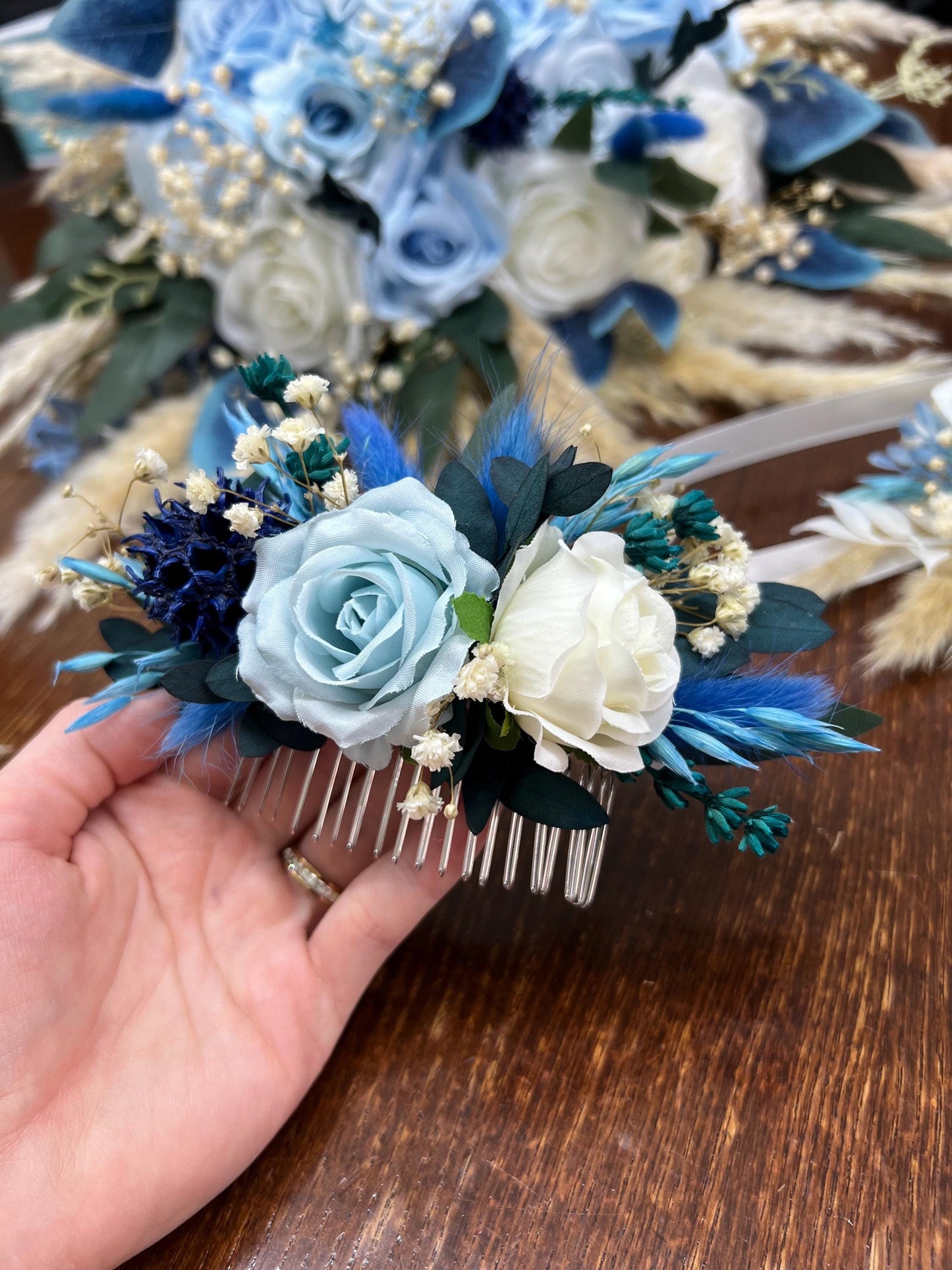 White Blue Bouquet Bridal Wedding Boho Sky Blue Baby Pampas Grass Baby Breath Eucalyptus Bridesmaids Bouquet Ivory Blue Artificial Flowers