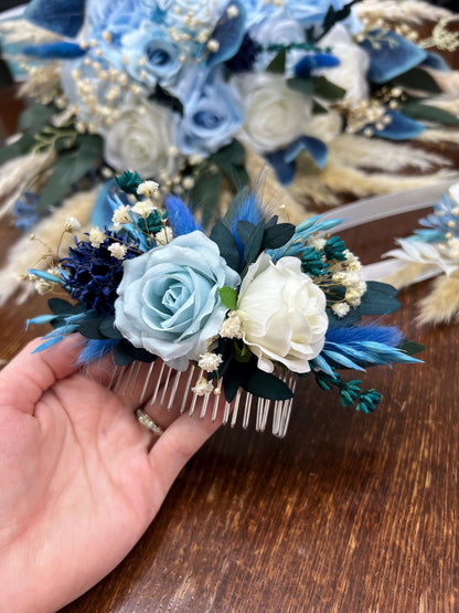 White Blue Bouquet Bridal Wedding Boho Sky Blue Baby Pampas Grass Baby Breath Eucalyptus Bridesmaids Bouquet Ivory Blue Artificial Flowers