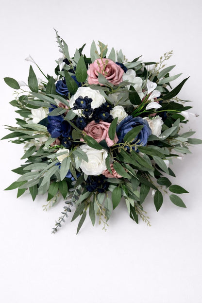 Dusty Rose Navy Blue Centerpiece, Wedding Rustic Flower Ball, Blush White Dark Blue Table Centerpiece, Whiskey Barrel Flower Ball