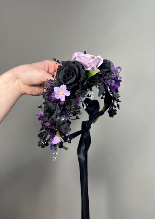 Black Purple Flower Crown, Gothic Wedding Headpiece, Dark Floral Halo, Lavender Lilac Hair Crown, Halloween Flower Crown Black