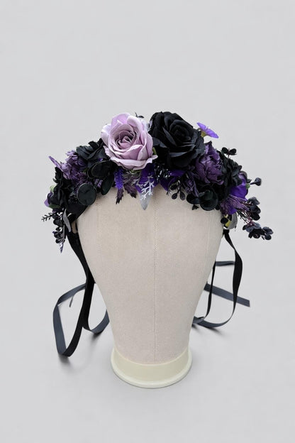 Black Purple Flower Crown, Gothic Wedding Headpiece, Dark Floral Halo, Lavender Lilac Hair Crown, Halloween Flower Crown Black