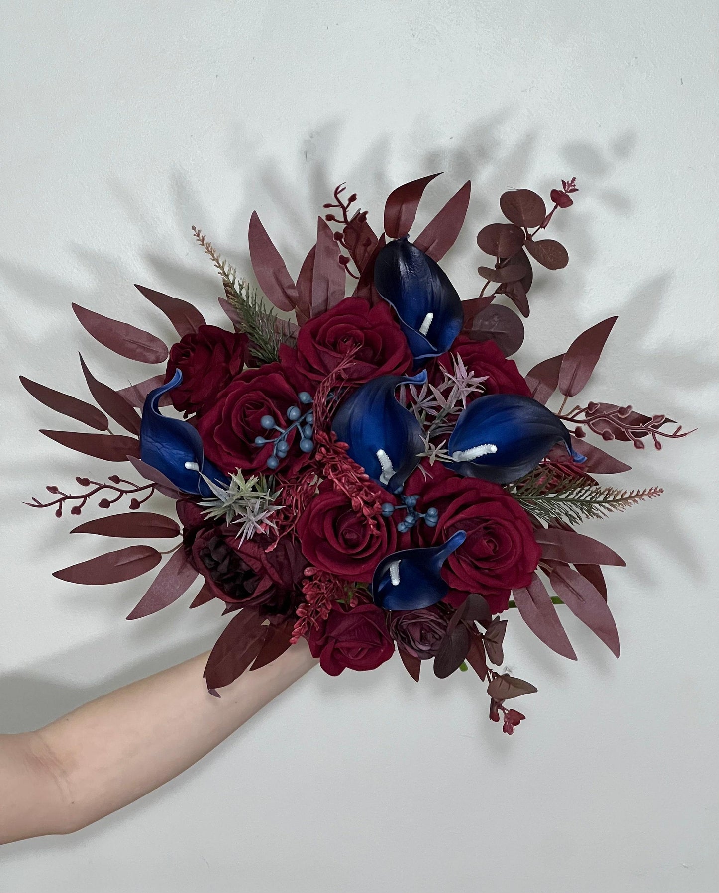 Burgundy and Navy Wedding Bridal Bouquet with Real Touch Calla Lily