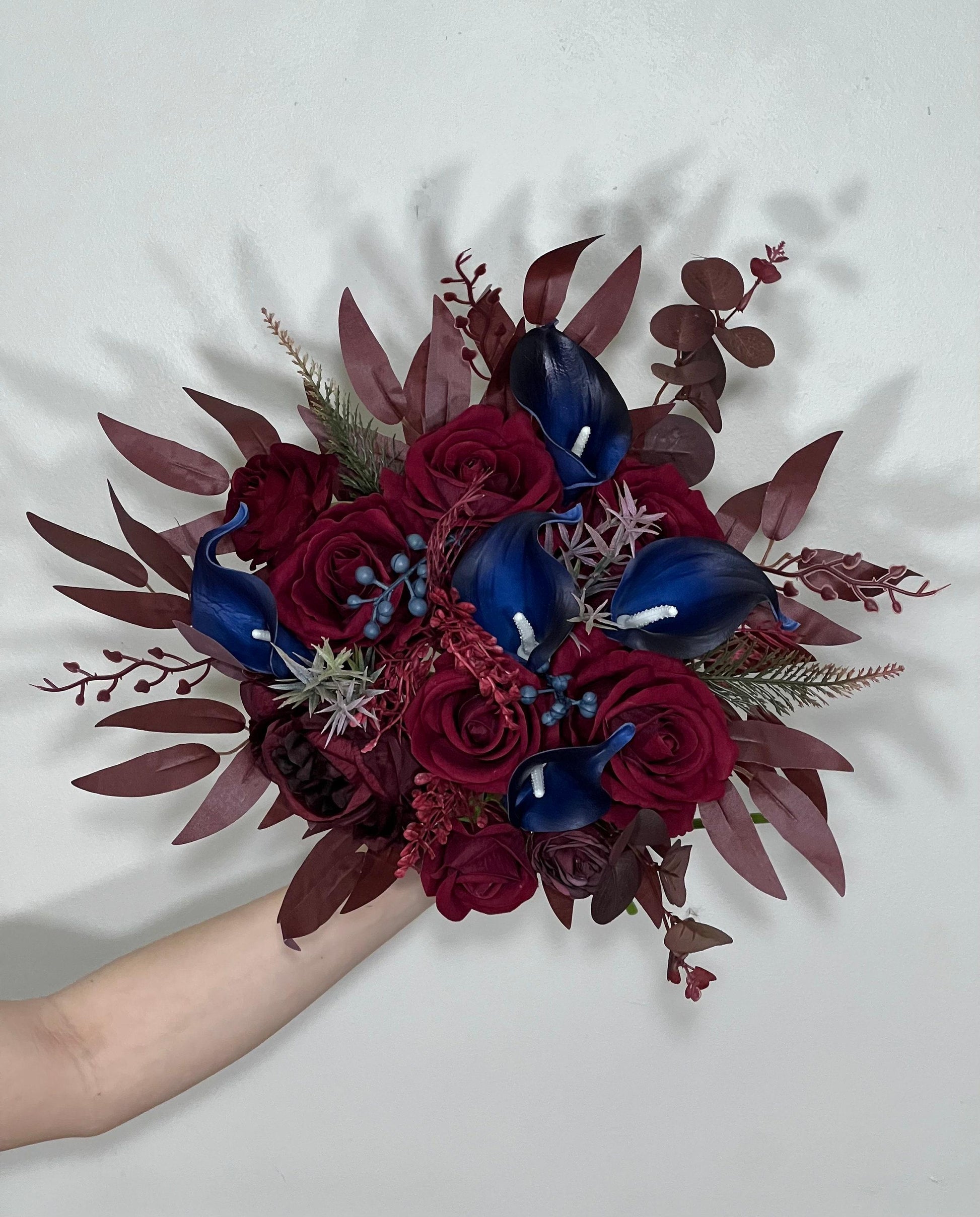 Burgundy and Navy Wedding Bridal Bouquet with Real Touch Calla Lily