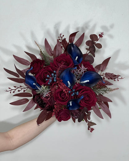 Burgundy and Navy Wedding Bridal Bouquet with Real Touch Calla Lily