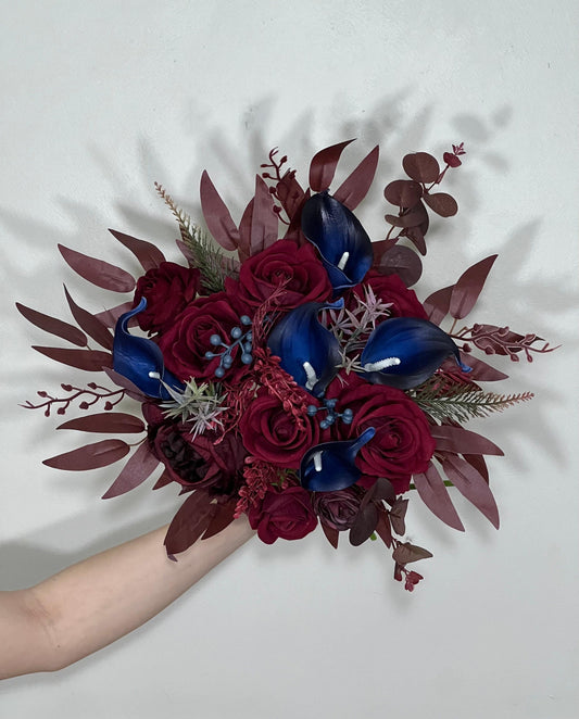 Burgundy and Navy Wedding Bridal Bouquet with Real Touch Calla Lily