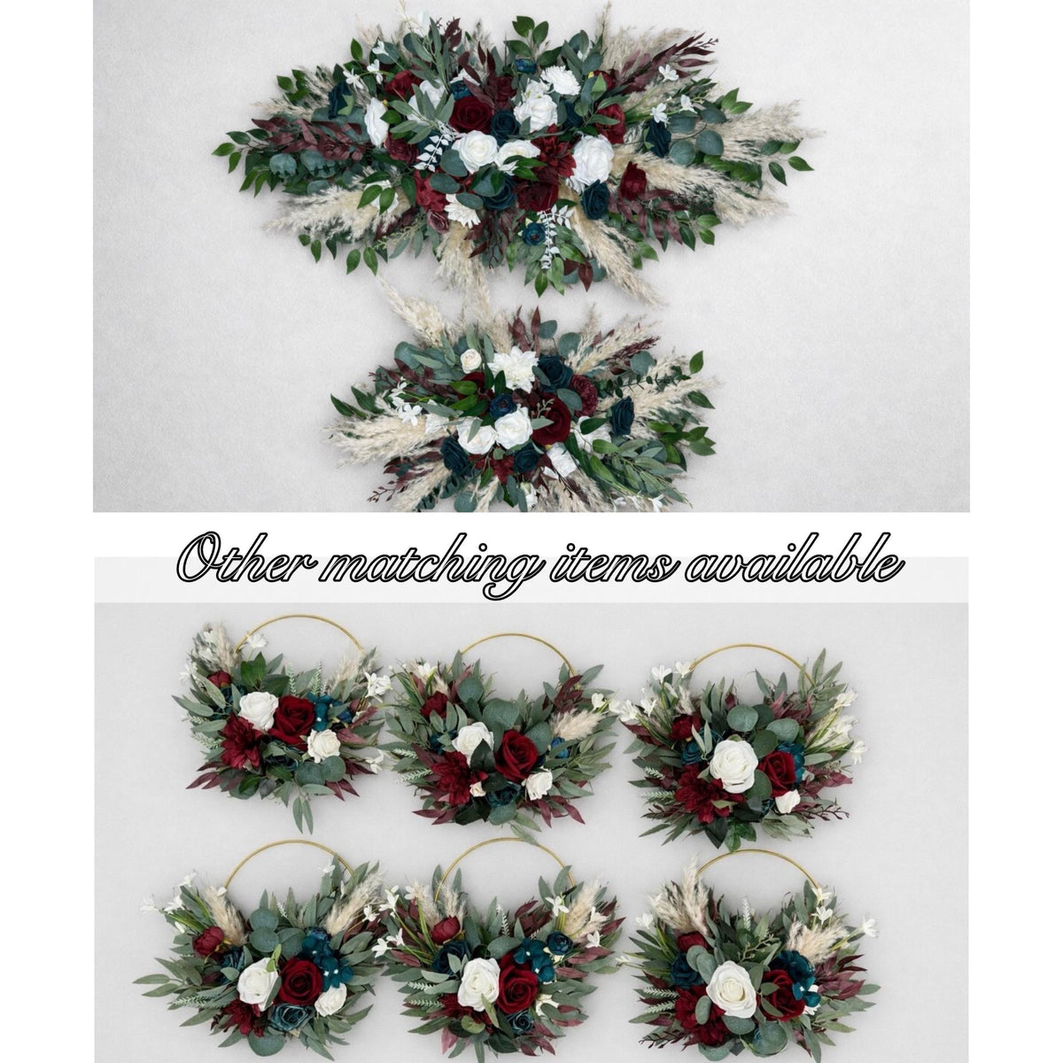 Set of 2 Teal Burgundy Aisle Marker, Wedding Boho Floor Arrangement, Dark Teal Blue Blue Ground Arch Arrangements Set, Pampas Grass Decor