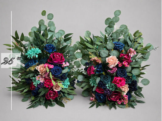 Set of 2 Jewel Tones Aisle Marker, Wedding Navy Blue Teal Floor Arrangement, Magenta Hot Pink Ground Arrangements, Dusty Rose Purple