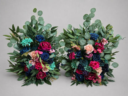 Set of 2 Jewel Tones Aisle Marker, Wedding Navy Blue Teal Floor Arrangement, Magenta Hot Pink Ground Arrangements, Dusty Rose Purple Reddit