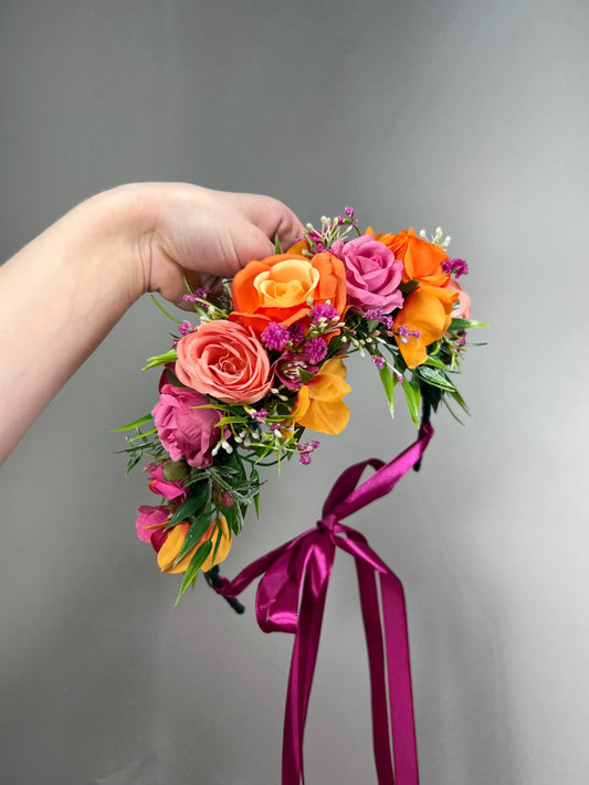 Orange Pink Flower Crown, Fuchsia Bridal Headpiece, Tropical Flower Crown, Wedding Hair Wreath, Fuchsia Bright Floral Crown Artificial