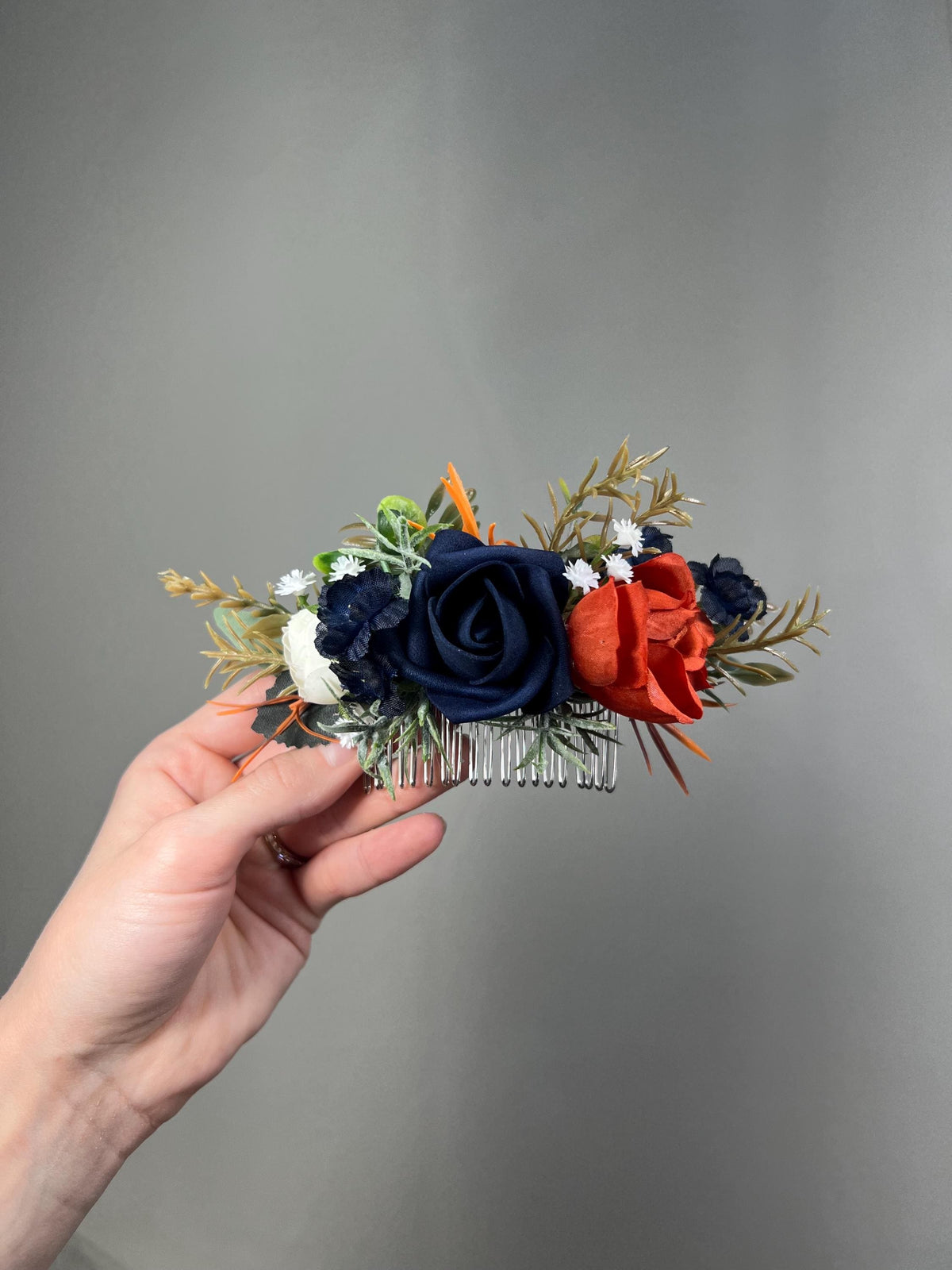 Navy Blue Orange Hair Comb, Wedding Burnt Orange Dark Blue Hair Piece Bridal, Fall Hair Accessories Terracotta Artificial Flowers Reddit