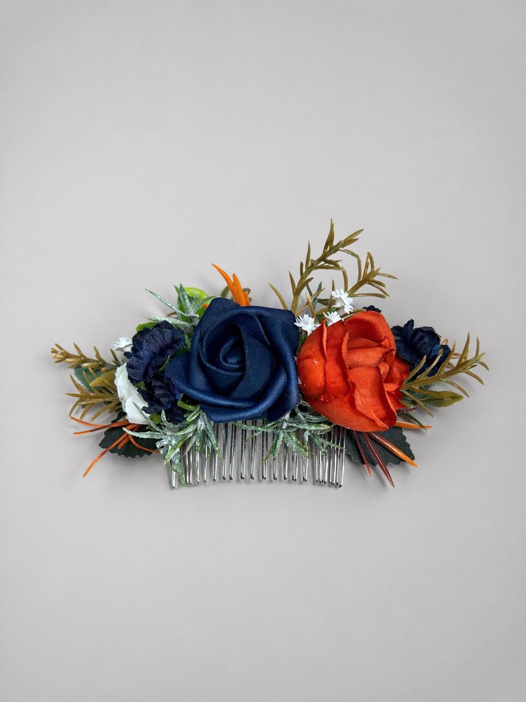 Navy Blue Orange Hair Comb, Wedding Burnt Orange Dark Blue Hair Piece Bridal, Fall Hair Accessories Terracotta Artificial Flowers Reddit