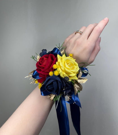 Red Yellow Blue Corsage, Wedding Rustic Wrist Bridesmaids Corsage, Red Rose Navy Blue Wristlet, Beauty and Beast Wedding, Prom Corsage