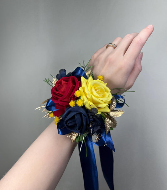 Red Yellow Blue Corsage, Wedding Rustic Wrist Bridesmaids Corsage, Red Rose Navy Blue Wristlet, Beauty and Beast Wedding, Prom Corsage